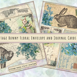 Junk Journal Kit van Vintage Bunny Floral Envelope Set met 3 bijpassende Journal-kaarten voor tijdschriften, planners of kaarten - printen, knippen & vouwen