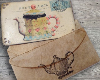 Tea Journal Card with TeaPot fits into the cute stamped Coffee Filter Envelope for using in Journals, Planners, Scrapbooking or Gift Cards