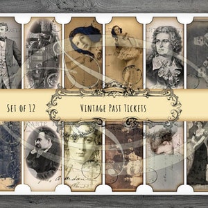 May include: Set of 12 vintage past tickets with images of people, a train, and other scenes. The tickets are rectangular and have a white border with a gold ornate design. The text "Set of 12" and "Vintage Past Tickets" is printed on a yellow banner.