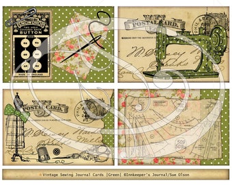 Sewing Journal Cards Retro Green for Junk Journals Scrapbooking Gift tags or place cards