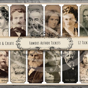 Peut inclure: Un ensemble de 12 billets de style vintage représentant des portraits d'auteurs célèbres. Les billets sont imprimés sur du papier crème avec une bordure brune et un texte qui dit "CUT & CREATE", "FAMOUS AUTHOR TICKETS" et "12 TICKETS".