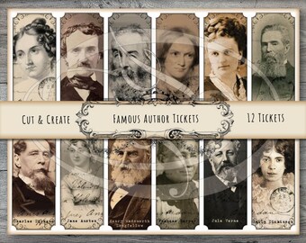 Famous Author Tickets 1 for Junk Journals Planners Travelers Notebooks Scrap Booking or Gift Tags