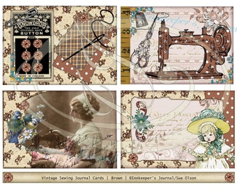 Printable Sewing Journal Cards in Brown for Junk Journals Scrapbooking Gift tags, name cards