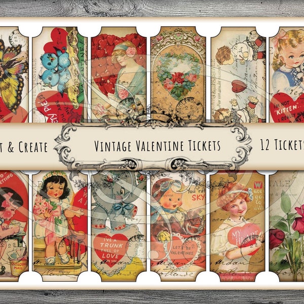 Printable Vintage Valentine Tickets for Junk Journals Planners  Gift Tags Travelers Notebooks and Scrapbooking Projects