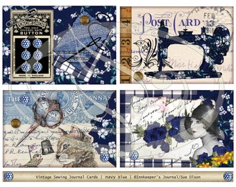 Sewing theme Journal Cards in Navy Blue Printable for Junk Journals Scrapbooking, Gift tags or name cards
