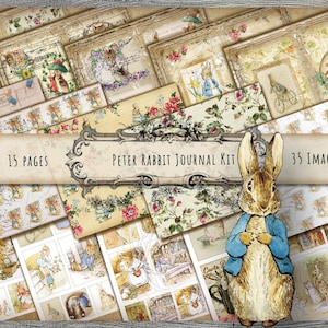 Zestaw Vintage Peter Rabbit Junk Journal Collage Grunge Vintage Watering Can 35 kartek do dziennika Sprawdź dodatek Envelope