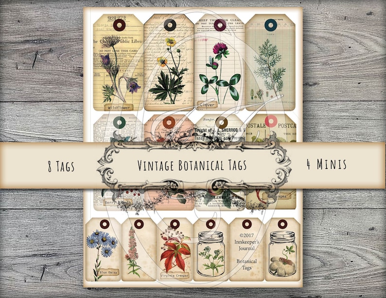 Printable Vintage Botanical Tags Junk Journals Planners Gift Tags Travelers Notebooks Scrapbooking Digital Download image 1