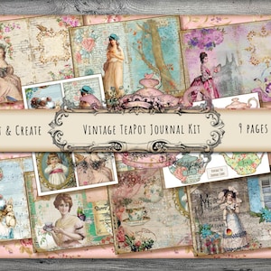 Kit de diario basura con tetera antigua Página de collage de damas victorianas y tarjetas de diario con tetera