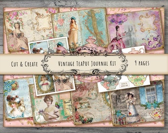 Vintage Teapot Junk Journal Kit Victorian Ladies Collage page and Teapot journal cards