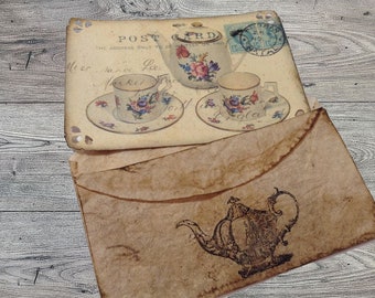 Coffee filter envelope with tea pot set journal card  for journals planners scrapbooking or gift cards