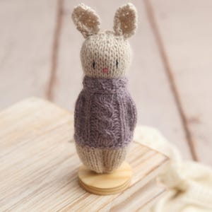 May include: A knitted bunny figurine with a light beige body and ears, wearing a purple cable-knit sweater. The bunny has a pink nose and is displayed on a small wooden stand. The background is a soft, blurred neutral tone.