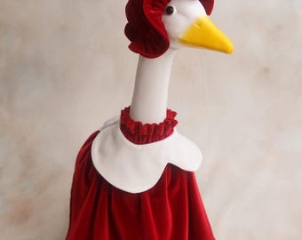 Christmas Mrs. Claus; Knit Goose Outfit: Porch Decor, Dress, Collar, and Bonnet
