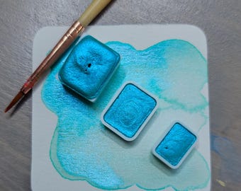 Handmade Shimmer Watercolor Paint – Jade Lake, Vegan Mica Artist Paint (Half Pan)