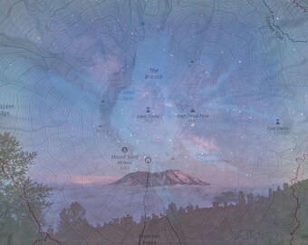 May include: A map of a mountain range with the text "The Breach" and other geographical features. The map is overlaid with a starry night sky, creating a dreamy, ethereal effect. The color palette includes blues, purples, and hints of orange.
