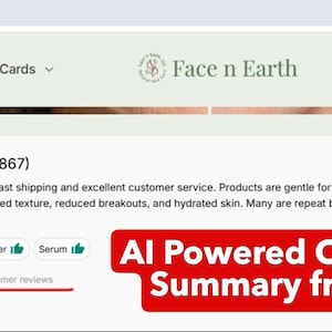 May include: A website interface for Face n Earth displaying a 5.0 star rating from 8,867 reviews. The page includes a section titled AI Powered Customer Reviews Summary from my Website, a green View customer reviews button, and navigation menus.