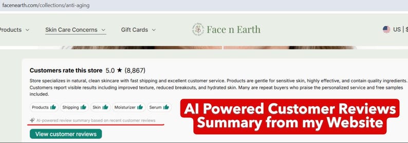 May include: A website interface for Face n Earth displaying a 5.0 star rating from 8,867 reviews. The page includes a section titled AI Powered Customer Reviews Summary from my Website, a green View customer reviews button, and navigation menus.