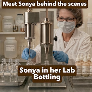 Puede incluir: Una m&aacute;quina llenadora de l&iacute;quidos de acero inoxidable en un laboratorio con estantes de botellas etiquetadas al fondo. El texto dice Meet Sonya behind the scenes y Sonya in her Lab Bottling. Botellas de vidrio transparente se llenan de suero.