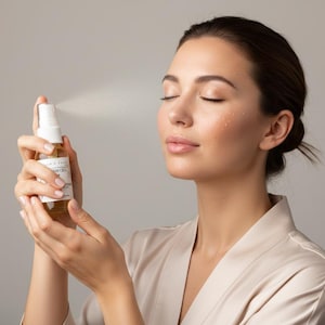 May include: A clear plastic spray bottle with a white pump nozzle and a white label containing black text. The bottle contains a light amber liquid and is emitting a fine mist spray from the nozzle, directed toward the side of the frame.