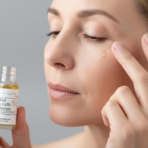 Puede incluir: Una mujer se aplica s&eacute;rum para los ojos. En una mano se sostiene un peque&ntilde;o frasco de vidrio de s&eacute;rum para ojos de c&eacute;lulas madre de orqu&iacute;dea. Se aplica una gota de s&eacute;rum en la piel cerca del ojo. La piel de la mujer es clara.