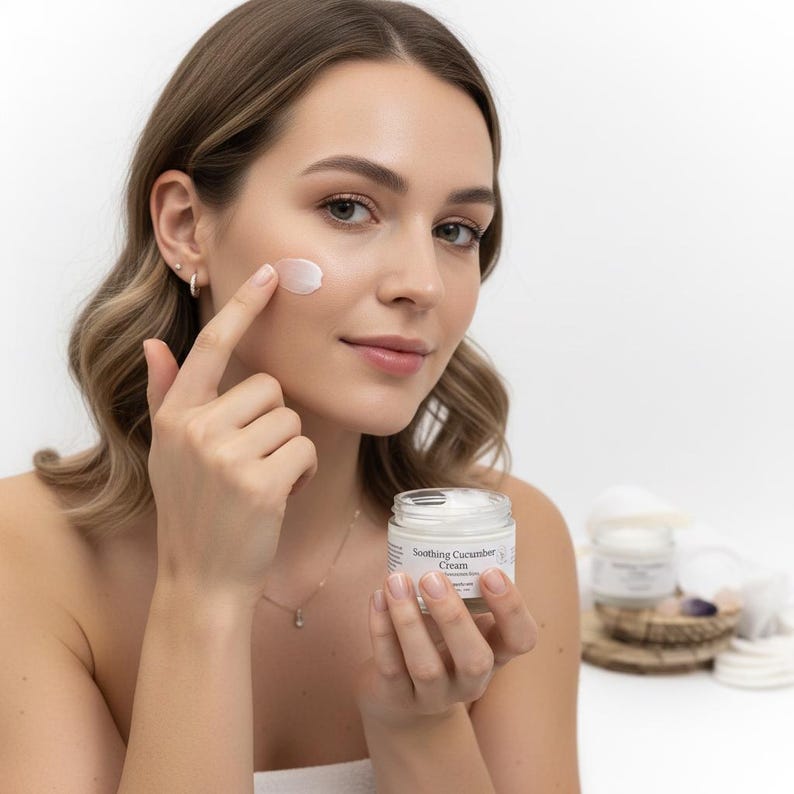 Puede incluir: Un peque&ntilde;o frasco de vidrio transparente con Soothing Cucumber Cream, que presenta una etiqueta blanca con texto en negro. La crema es de color blanco y opaca. Un segundo frasco id&eacute;ntico es visible al fondo, junto a accesorios de madera.
