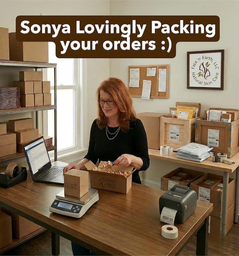 May include: A workspace featuring a person in a black long-sleeve shirt packing orders into a cardboard box. The desk includes a digital scale, a laptop, a label printer, and shipping supplies. Text at the top reads: Sonya Lovingly Packing your orders :)