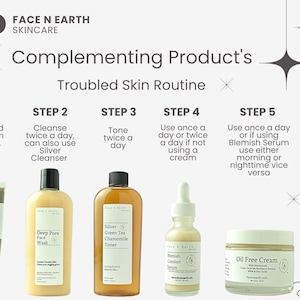 May include: A skincare routine guide by Face N Earth featuring five products: a tube of Spotless Mud, a bottle of Deep Pore Face Wash, a bottle of Silver Green Tea Chamomile Toner, a dropper bottle of Blemish Comfort Serum, and a jar of Oil Free Cream.