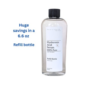 May include: A clear plastic refill bottle containing Hyaluronic Acid Serum 100% Pure, with a black screw cap. The white label displays the text Face n Earth Skin Care, Hyaluronic Acid Serum 100% Pure, LMW 7762 Daltons, Refill Bottle, All Skin Types, Net Wt 6.6oz, 200mls.