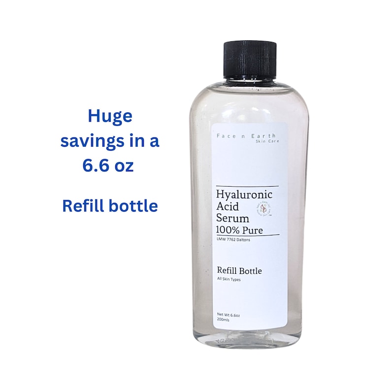 May include: A clear plastic refill bottle containing Hyaluronic Acid Serum 100% Pure, with a black screw cap. The white label displays the text Face n Earth Skin Care, Hyaluronic Acid Serum 100% Pure, LMW 7762 Daltons, Refill Bottle, All Skin Types, Net Wt 6.6oz, 200mls.
