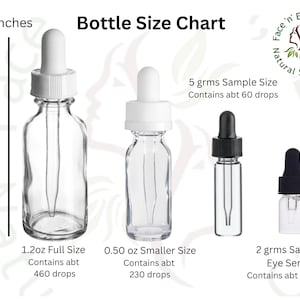Puede incluir: Un gr&aacute;fico de tama&ntilde;o de botella que muestra cuatro botellas de vidrio transparente con cuentagotas blancos y negros. La botella m&aacute;s grande mide 10 cm de alto y contiene 1,2 oz, la siguiente 0,50 oz, la tercera 5 g y la m&aacute;s peque&ntilde;a 2 g.
