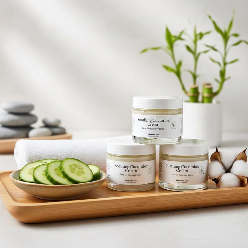 Puede incluir: Tres frascos de vidrio transparente de Soothing Cucumber Cream con tapas blancas, dispuestos en una bandeja de madera. Cada etiqueta muestra el texto Soothing Cucumber Cream y Great for Sensitive Skin. Un cuenco con rodajas de pepino.