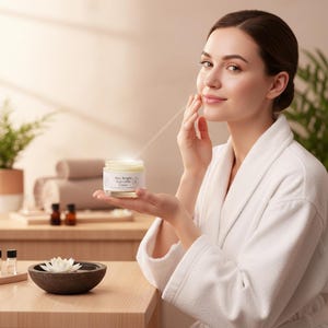 May include: A small, clear glass jar of "Mus Bright Night Glow Cream" with a white label and a light-colored cream inside. The jar is held in a palm, showcasing its compact size and simple design, featuring clear text on the label against a neutral background.