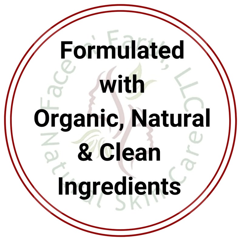 May include: A red circle with a white background and the text "Formulated with Organic, Natural & Clean Ingredients" in black.