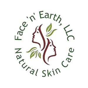 May include: A circular logo featuring the text Face 'n Earth, LLC Natural Skin Care in dark green. The center displays two stylized profiles of faces in dark red, accented by two green leaf illustrations positioned above and below the profiles.