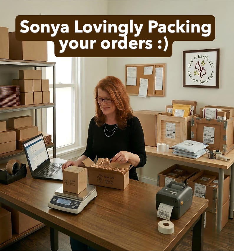 May include: A workspace featuring a person in a black long-sleeve shirt packing orders into a cardboard box. The desk includes a digital scale, a laptop, a label printer, and shipping supplies. Text at the top reads: Sonya Lovingly Packing your orders :)
