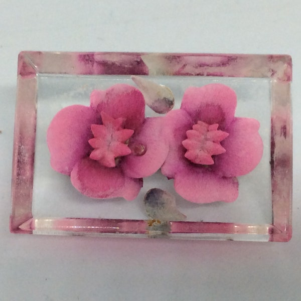 Vintage 1940s Lucite Reversed Carved Pink Floral Costume Brooch - Art Deco Brooch