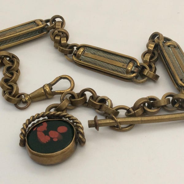 Cadena de reloj de bolsillo de latón victoriano Fancy Albert con barra en T, clip de perro y sello giratorio