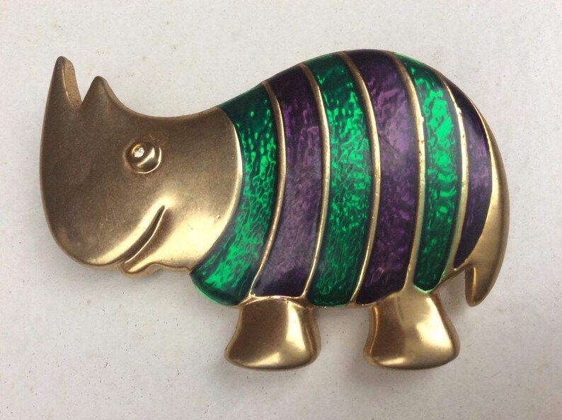 Vintage Metal & Enamel Comical Rhino Rhinoceros Retro Kitsch Costume Brooch image 1