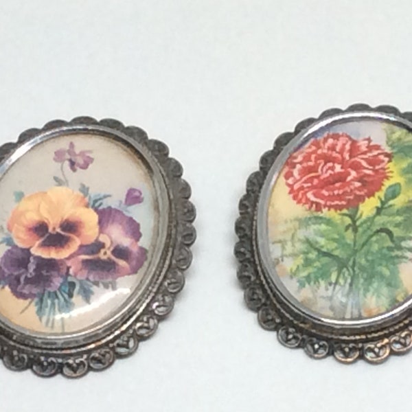 2 x Vintage TLM Printed Floral Pattern Framed Costume Brooch - Thomas L Mott Birmingham