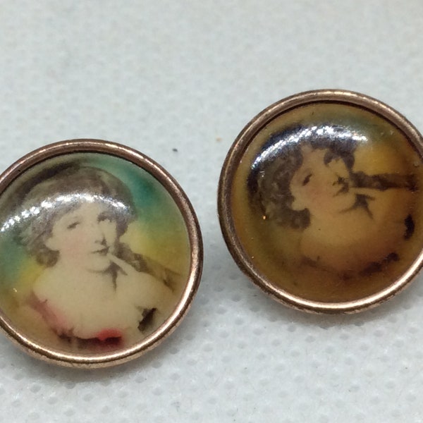 Pair of Young Lady Portrait Design and Gold Tone 1970s Vintage Buttons - 1970s Fashion - Dress Buttons