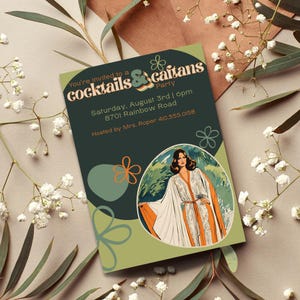 Invitación a una fiesta de cócteles y caftanes: temática retro de los años 70 (descarga digital)