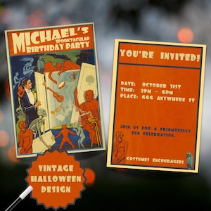 May include: Vintage Halloween party invitation design. The invitation features the text "MICHAEL'S BIRTHDAY PARTY" and "YOU'RE INVITED!" with a spooky illustration of devils, skeletons, and a magician. The invitation also includes the date, time, and place of the party.