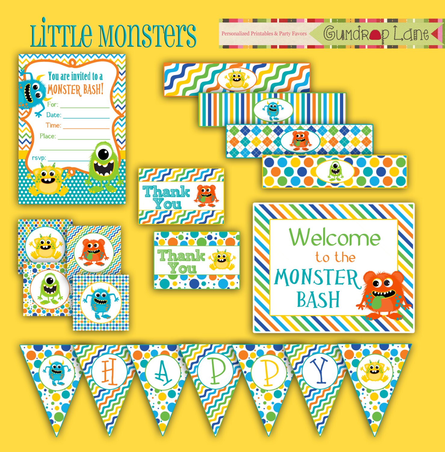 Boy's Little Monsters Printable Party Kit INSTANT - Etsy