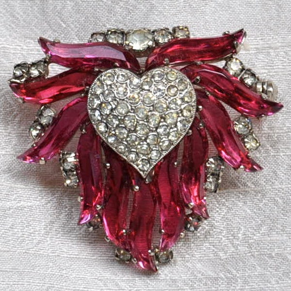 Vintage 1960s Rhinestone Heart Pin, Signed Austria