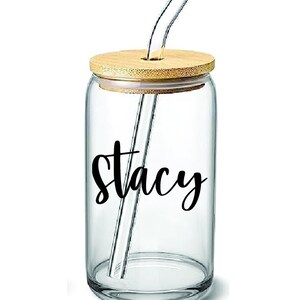 Custom Text Glass Cups with Bamboo Lids and Glass Straw
