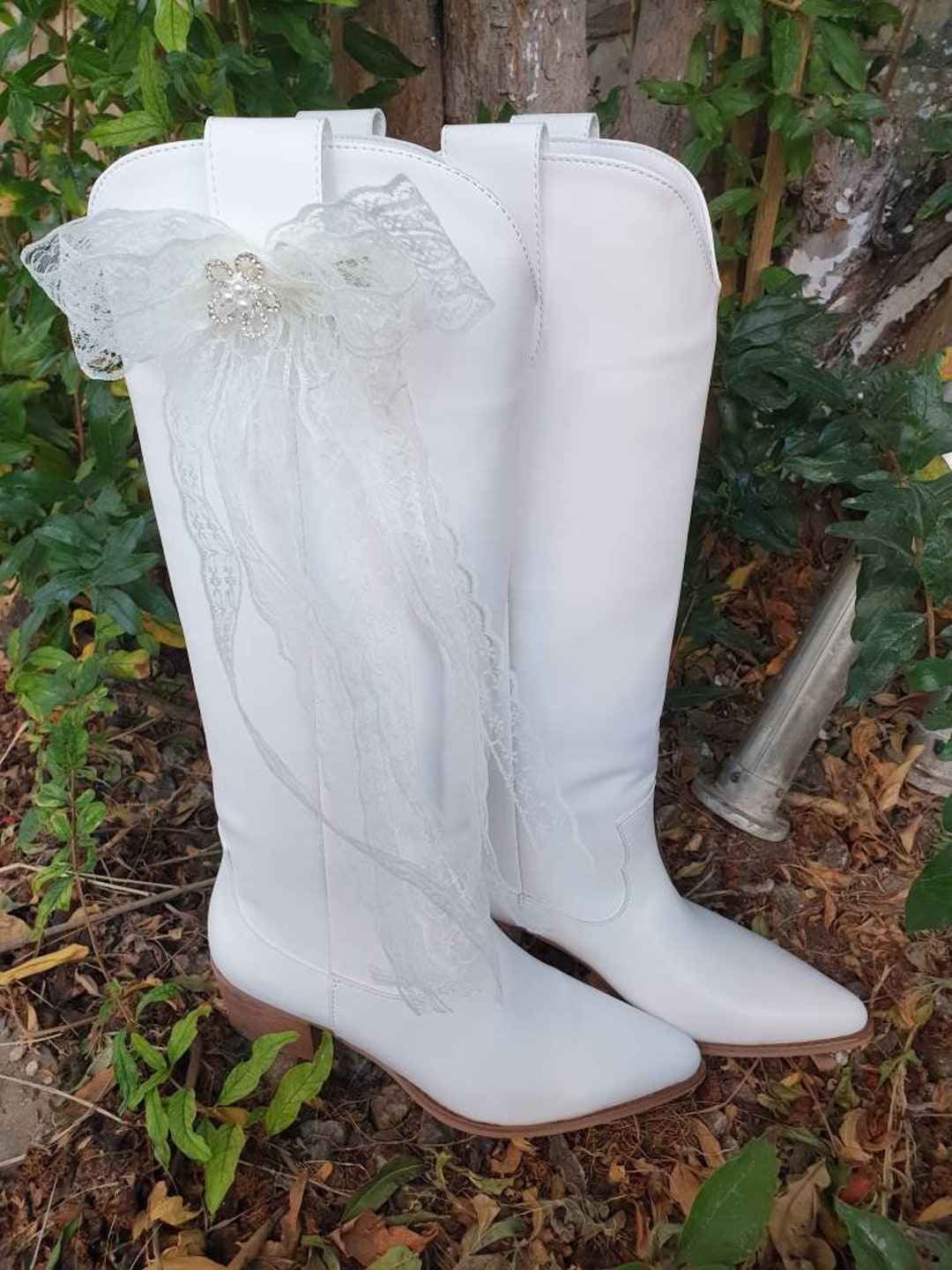 Wedding Long Boots .. White Leather Cowboy Boots.. Faux Leather Wedge