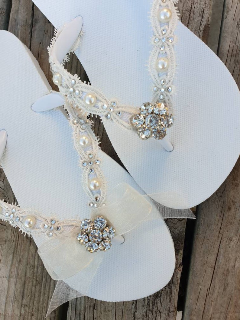 wedding slippers lace wedding flip flops ..bride bridesmaids slippers. Daisy Rhinestone Pearls.Lace Flip Flops ...Bridal ivory Flip flops