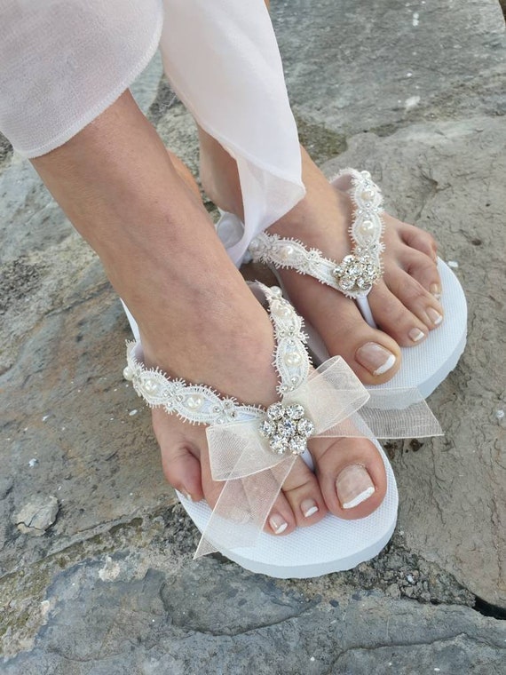 wedding slippers lace wedding flip flops ..bride bridesmaids slippers. Daisy Rhinestone Pearls.Lace Flip Flops ...Bridal ivory Flip flops