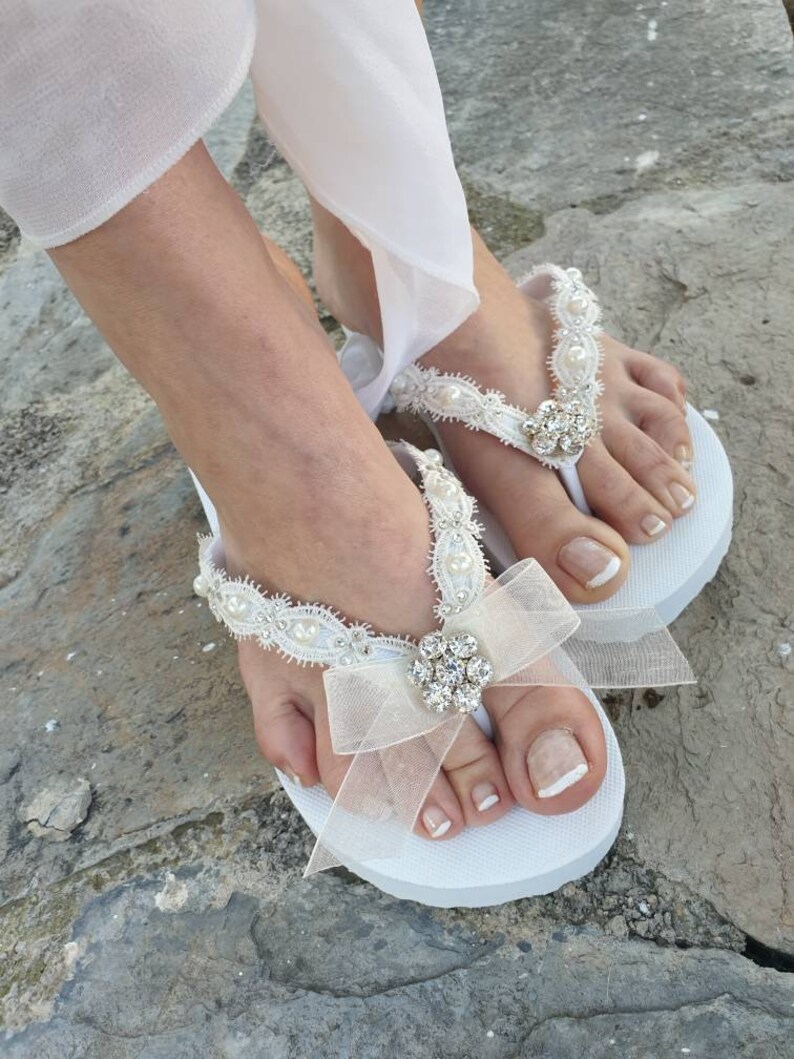 wedding slippers lace wedding flip flops ..bride bridesmaids slippers. Daisy Rhinestone Pearls.Lace Flip Flops ...Bridal ivory Flip flops