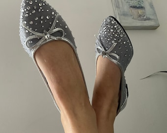 JJF Shoes Scout Silver Simple Glitter Ballet Flat Rounded Toe Casual Comfort