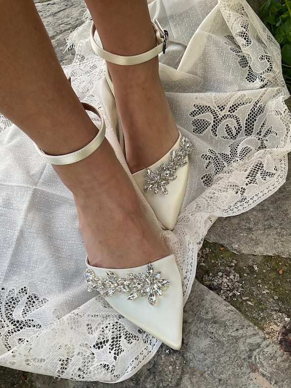 Scarpe da sposa piatte in raso avorio con strass per la sposa tacchi  piatti da sposa in raso scarpe da regalo da damigella d'onore -   Italia
